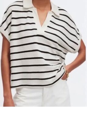 Madewell Maumau Striped Knit Polo Sweater Top - Black & White